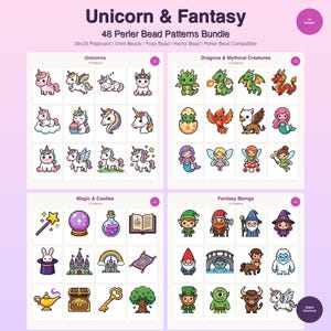 Paquete de 48 patrones de cuentas Perler de fantasía de unicornios, dragones, castillos y criaturas míticas (descarga digital en PDF)