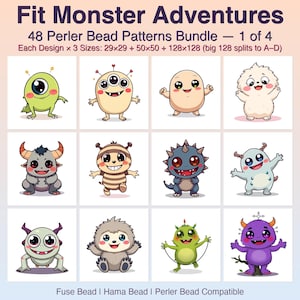 May include: A digital collection titled Fit Monster Adventures 48 Perler Bead Patterns Bundle 1 of 4. It displays 12 colorful cartoon monster illustrations in a grid, with text specifying sizes 29x29, 50x50, and 128x128, plus fuse bead compatibility.