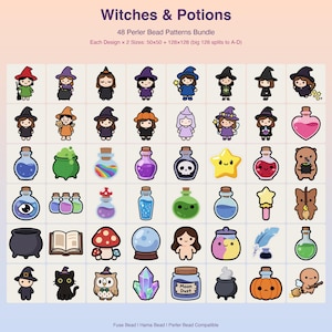 May include: A digital collection of 48 Witches & Potions Perler bead patterns featuring various cartoon characters, magical items, cauldrons, and potion bottles. The grid displays colorful pixel art designs including witches, cats, owls, mushrooms, and crystals, compatible with fuse and Hama beads.