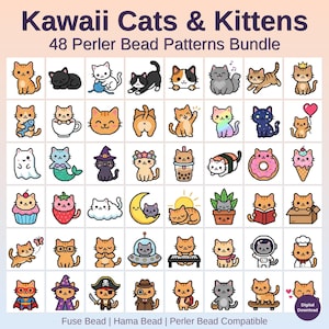 May include: A digital download graphic featuring 48 Kawaii cat and kitten Perler bead patterns. The image includes various cat designs, such as cats with crowns, in spaceships, and holding objects. Text includes "Kawaii Cats & Kittens" and "48 Perler Bead Patterns Bundle."