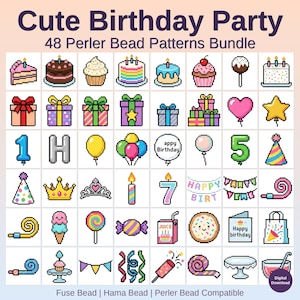 May include: A digital download bundle of 48 Perler bead patterns with a birthday theme. The image features pixelated designs of cakes, gifts, balloons, numbers, and party decorations. Text includes "Cute Birthday Party" and "Happy Birthday".