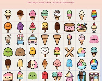 Puede incluir: Una colección digital de 48 patrones de cuentas fusibles con temática de helados. La cuadrícula muestra varios dulces, conos y otros iconos coloridos estilo caricatura, cada uno con un diseño de cara sonriente sobre fondo claro.