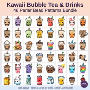 Bundel Kawaii Bubble Tea Drink Perler-kralenpatronen, 48 ontwerpen (digitale pdf-download)