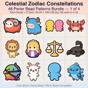 Pode incluir: Uma coleção digital de 48 padrões de contas de fundir Celestial Zodiac Constellations, 1 de 4. Inclui designs para cada signo em tamanhos 50x50 e 128x128. Ilustrações coloridas de animais e símbolos do zodíaco, compatíveis com contas de fundir, Hama e Perler.