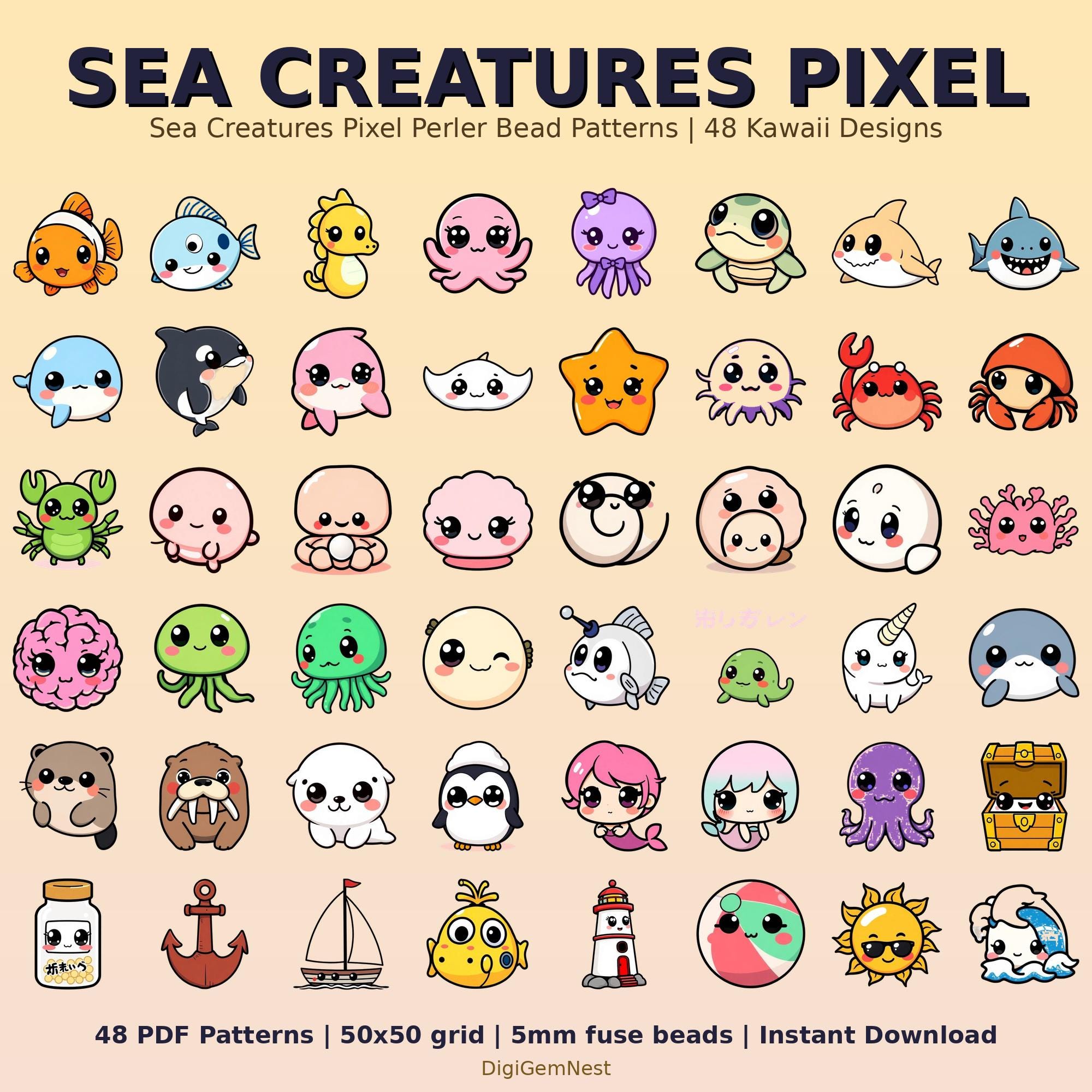 Sea Creatures Pixel Perler Bead Patterns | 48 Kawaii Designs (PDF