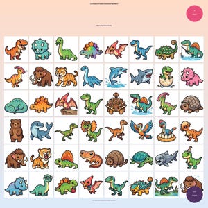 May include: A collection of colorful cartoon dinosaurs and prehistoric animals in various poses. The illustrations include a T-Rex, Triceratops, Stegosaurus, and other dinosaurs, along with a woolly mammoth and a shark.
