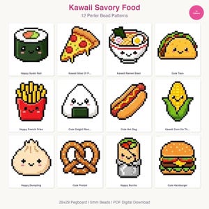 Könnte beinhalten: Eine Sammlung von 12 Pixel-Art-Mustern für Lebensmittel, darunter Sushi, Pizza, Ramen, Tacos, Pommes Frites, Onigiri, Hotdogs, Mais, Knödel, Brezeln, Burritos und Hamburger. Der Titel lautet "Kawaii Savory Food". Die Muster sind für 5-mm-Perlen.