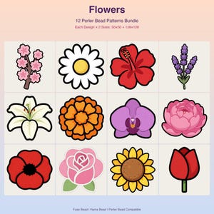 12 Flowers Perler Bead Patterns, Sunflower Rose Daisy Tulip (PDF Digital Download)