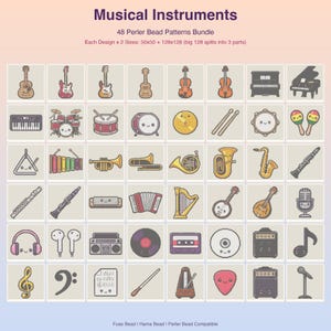 Könnte beinhalten: Eine digitale Sammlung von 48 Bügelperlen-Mustern mit Musikinstrumenten. Das Raster zeigt Pixel-Art-Symbole von Gitarren, Schlagzeugen, Klavieren, Blechblasinstrumenten und Audiogeräten. Text beinhaltet Musical Instruments und 48 Perler Bead Patterns Bundle.