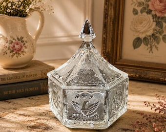 Vintage Indiana Clear Glass Candy Dish/ Trinket Box Colonial Eagle & Star