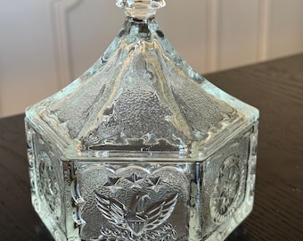 Vintage Indiana Clear Glass Candy Dish/ Trinket Box Colonial Eagle & Star