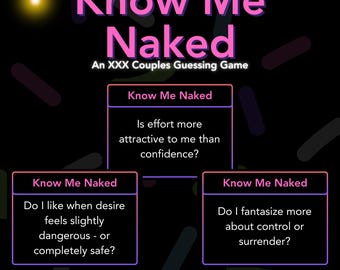 May include: A black graphic with the text "Know Me Naked" in pink, subtitled "An XXX Couples Guessing Game." The image features three question boxes with relationship-themed questions. The bottom of the image reads "How well do you really know your partner—after dark?"