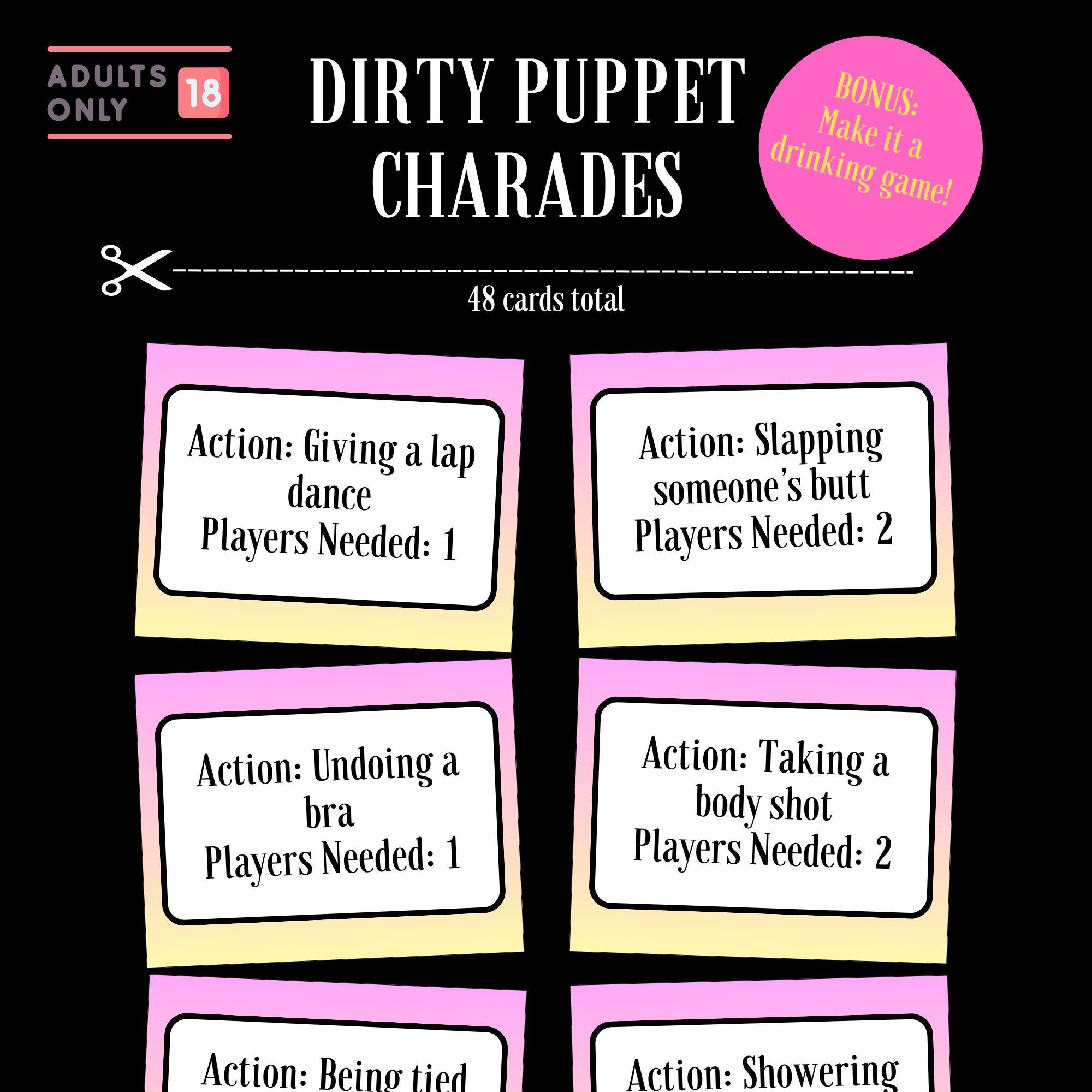Dirty Puppet Charades | Adult Game | House Party Game | Bachelorette Party | Drinking Game | Instant Download | College Party | Printable