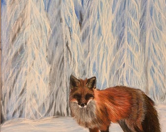 Original pastel painting - winter - fox - nature