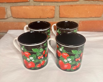 Set of 4 Vintage Strawberry Mugs – Retro Fruit Coffee Cups, Farmhouse Kitchen Decor