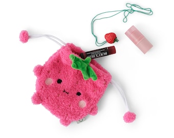 Strawberry Pink Fluffy Fruit Drawstring Pouch, Makeup Bag, Strawberry Purse