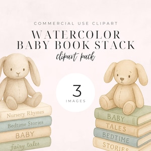 Peut inclure: Pack d'images clipart aquarelle avec deux jouets en peluche en forme de lapin assis sur des piles de livres. Les livres portent des titres tels que "Nursery Rhymes", "Bedtime Stories" et "Baby Tales". L'image comprend le texte "Watercolor Baby Book Stack clipart pack" et "3 Images."