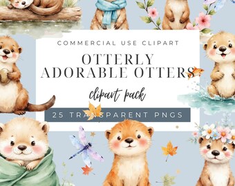 Baby Otter PNG, Otter Baby Clipart, Watercolor Baby Otter Clipart Bundle, Cute Whimsical Nursery Animals, River Animal Clipart Set BB-CA010