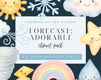 Kliparty pogodowe, urocze chmury, tęcze, gwiazdy, księżyce, krople wody, płatki śniegu, parasole, urocze postacie, prace plastyczne dla dzieci, scrapbooking BB-FA001