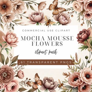 Mocha Mousse Flowers Clipart, Watercolor Floral Graphics, Digital Download, PNG Art for Crafts and Decor, Watercolor Flowers - BB-MMF