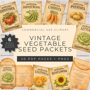 Paquetes de semillas de hortalizas vintage para imprimir, paquetes de semillas de hortalizas y flores, efímeros digitales vintage, suministros imprimibles para manualidades de jardinería.