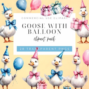 Goose with Balloon Clipart, Goose Party Clipart, Cute Goose With Balloon, Goose Holding Present, Goose In Party Hat, Goose Clipart BB-BWB01