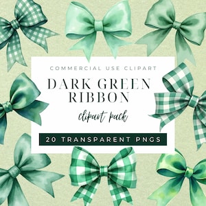 Dark Green Ribbon Clipart, Watercolor Bows PNG, Digital Green Ribbon Graphics, Craft Supplies for DIY Projects Printable Clipart, BB-DGR01