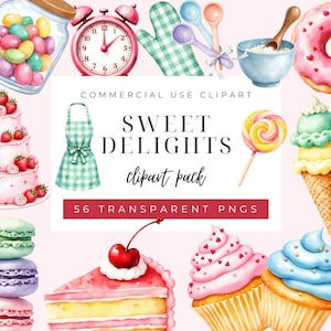 May include: Watercolor illustration of various sweets and baking items. Includes a pink alarm clock, a green and white checkered apron, a jar of colorful candies, and a slice of cake with a cherry on top. The text reads "SWEET DELIGHTS clipart pack".