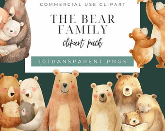 Whimsical Watercolor Bear Family Clipart, Woodland Parent & Baby Bears, Cute Baby Animal Nursery Art, Mom and Baby, Forest Animals BB-CA016