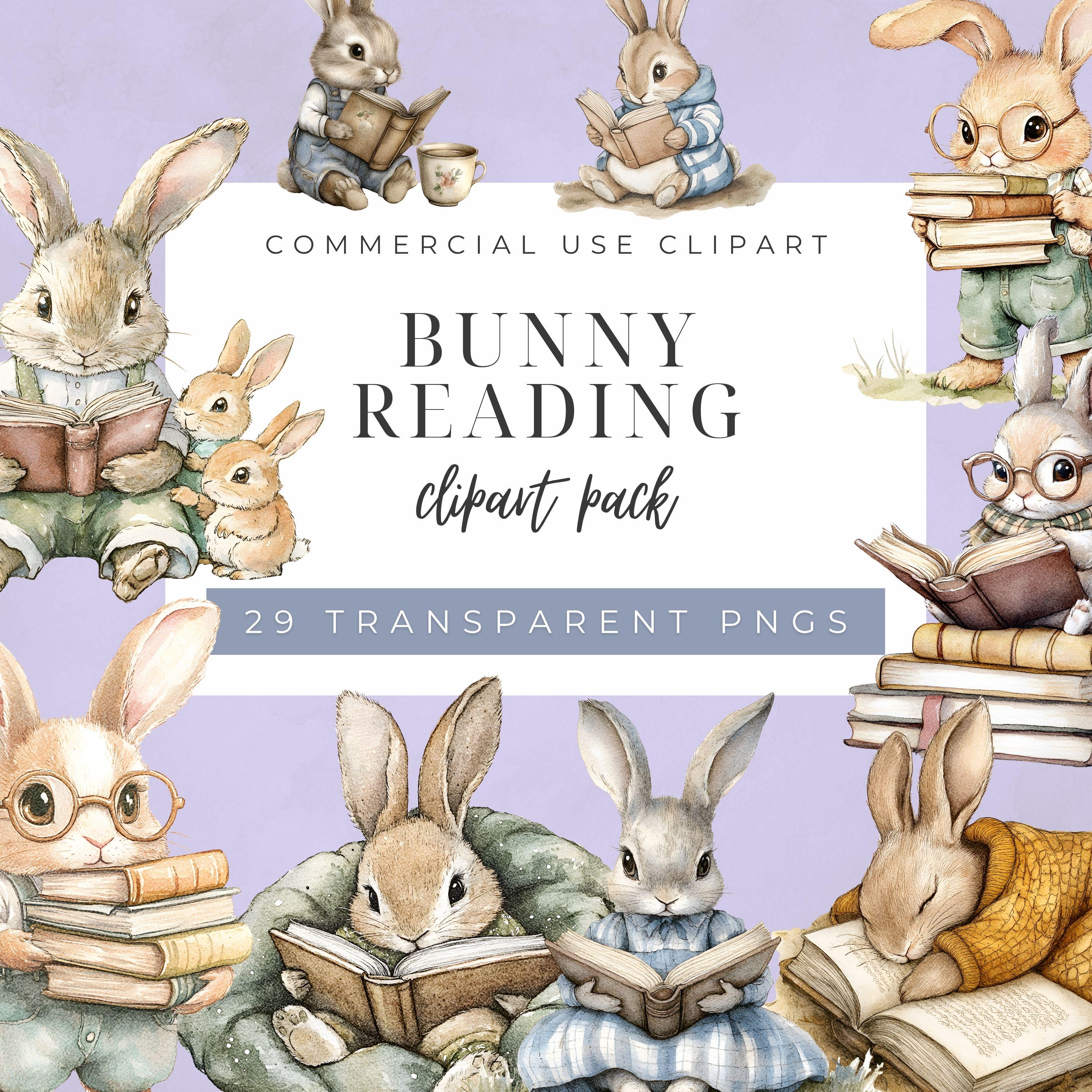 Printable Reader Rabbit Bunny Reading a Book Clipart, Rabbit With Glasses Holding Books ...