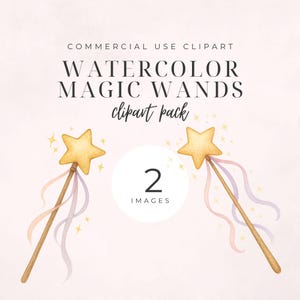 Puede incluir: Paquete de imágenes prediseñadas de acuarela con dos varitas mágicas con puntas en forma de estrella. Las varitas tienen mangos de madera y están adornadas con cintas fluidas en tonos rosa y morado. Incluye el texto "Watercolor Magic Wands clipart pack".
