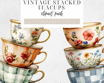 Vintage Stacked Teacup Clipart, Watercolor Floral PNG, Digital Download for Scrapbooking, Tea Party Art, Perfect For Tea Party BB-VST01