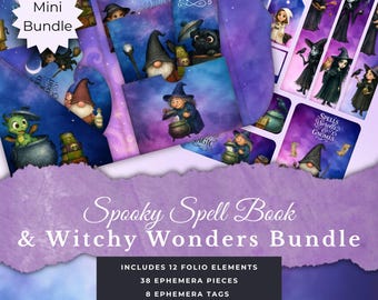 May include: A mini bundle of ephemera featuring a spooky theme. The bundle includes various illustrations of witches, gnomes, and magical creatures. The text on the bundle reads "Spooky Spell Book & Witchy Wonders Bundle". Includes 12 folio elements, 38 ephemera pieces, and 8 ephemera tags.