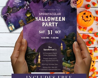 Könnte beinhalten: Eine Halloween-Party-Einladung mit lila Hintergrund, mit einer schwarzen Katze mit Hexenhut und Kerze. Die Einladung enthält den Text "Spooktacular Halloween Party" und "Sat 31 Oct". Enthält eine kostenlose Vorlage für Umschläge.