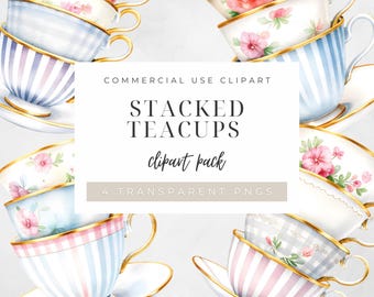 Gestapelte Teetasse Clipart, Vintage Aquarell PNG für Tee-Party, digitaler Download, Blumenkunst Scrapbooking, Junk Journals, rosa Teetasse BB-STV01