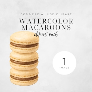 Puede incluir: Ilustración en acuarela de tres macarons apilados con un exterior beige claro y un relleno marrón oscuro. La imagen incluye el texto "WATERCOLOR MACAROONS clipart pack". También hay un círculo blanco con el número "1" y la palabra "IMAGE".