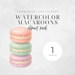 May include: A watercolour illustration of three macarons in pastel shades: peach, mint green, and lilac. The image features the text "COMMERCIAL USE CLIPART" and "WATERCOLOR MACAROONS clipart pack". A white circle with the number "1" and the word "IMAGE" is also present.