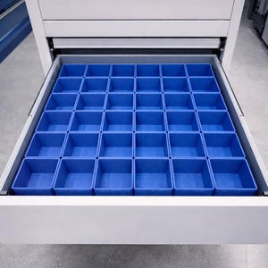 May include: A white drawer with a grid of blue square storage containers. The drawer is open, revealing the organized interior. The containers are evenly spaced, creating a neat storage solution.