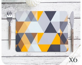 Scandinavian Modern Placemats Set of 6 - Mustard Yellow and Grey Place Mats - Scandi Geometric Home Décor - Triangle Print - UK SIZE