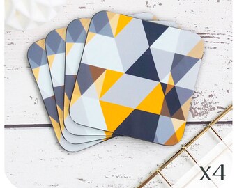 Scandi Geometric Coasters (4) - Scandinavian Modern Drinks Coasters - Mid Century style Mustard & Grey Triangle Print Coasters