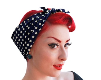 White spotted head scarf stretch hair wrap polka dot jersey self tie/pin up White spotted head scarf stretch hair wrap polka dot jersey self tie/pin up