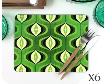 70s Op Art Placemats Set of 6 - Green Place Mats - Retro House Warming Gift - Wedding Gift for Retro Couple - 70s style Table Mats - UK SIZE