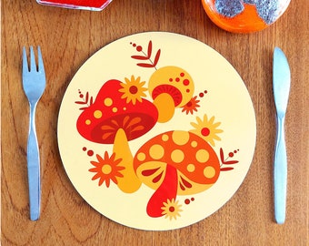 70s Mushrooms Placemats, Set of 4 - 1970s Style Round Place Mats - Retro Mushrooms Table Mats in Orange - UK SIZE