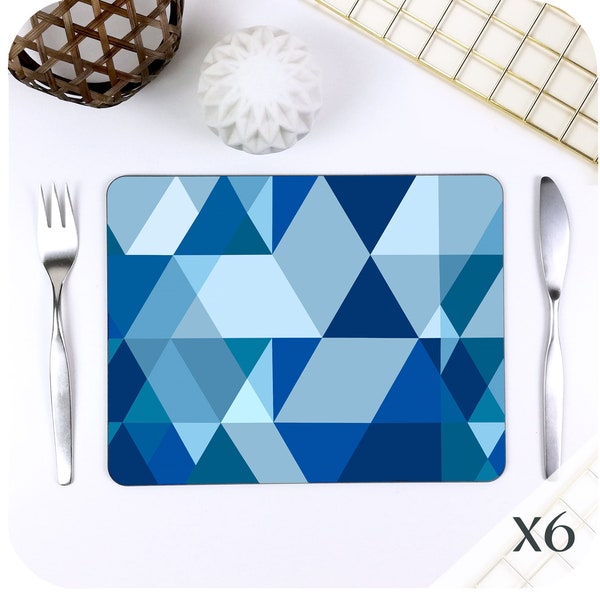 Scandinavian Modern Placemats Set of 6 - Blue Scandi Place Mats - Abstract Table Mats - Geometric Home Décor - Triangle Print - UK SIZE