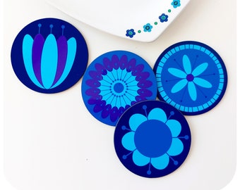 Retro 60s Flowers Coasters, set of four - Blue 1960s Style Drinks Mats - Vintage Floral Home Decor - Gift for retro fans