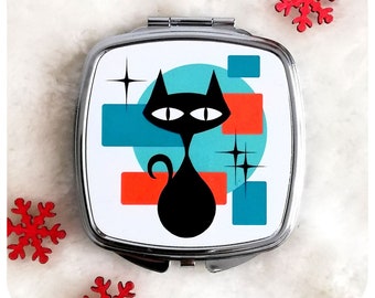 Atomic Cat Compact Mirror - Retro Cat Compact Mirror for Handbag – Black Cat Gift - Retro Pocket Mirror