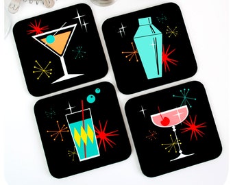 Retro Cocktails Coasters, set of four - Mid Century Cocktails Coasters - 50s Cocktail Party Decor - Home Bar Accessories