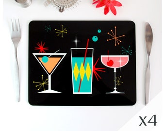 Cosmic Cocktails Placemats Set of 4 - Mid Century Place Mats - Atomic Age Decor - Retro Table Decor - UK SIZE Table Mats