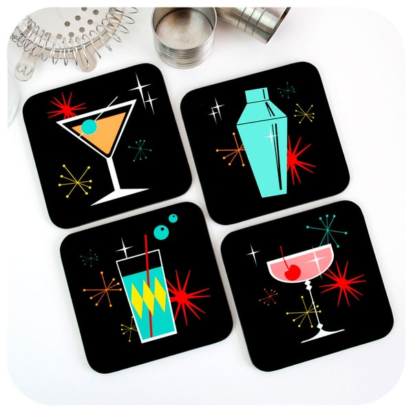 Retro Cocktails Coasters, set of four - Mid Century Cocktails Coasters - 50s Cocktail Party Decor - Home Bar Accessories