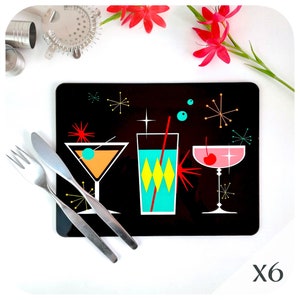 Retro Cocktails Placemat Set of 6 - Mid Century Modern Placemats - Retro Atomic Style Table Mats  - UK SIZE Place Mats
